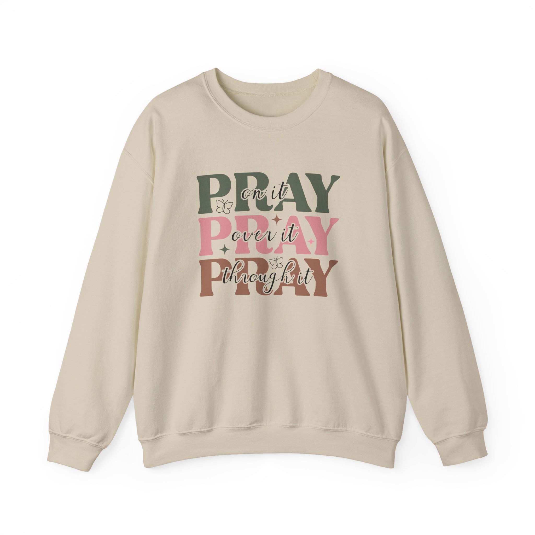 pray on it crewneck sweatshirt – inspirational christian faith layered script pullover for women