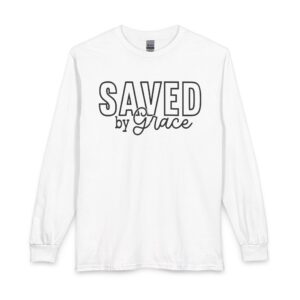 saved by grace long sleeve tee — christian faith graphic shirt